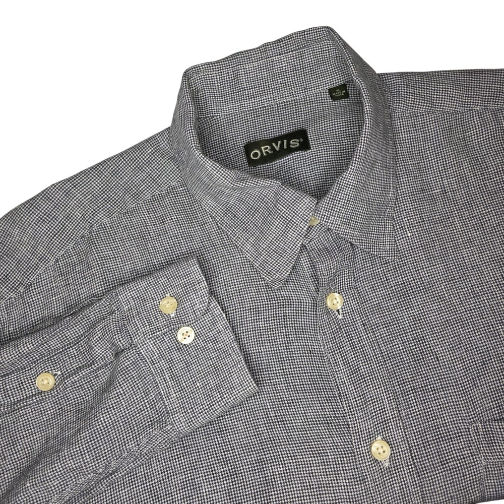 Orvis Mens XL Linen Long Sleeve Button Down Dress Shirt Blue White Check